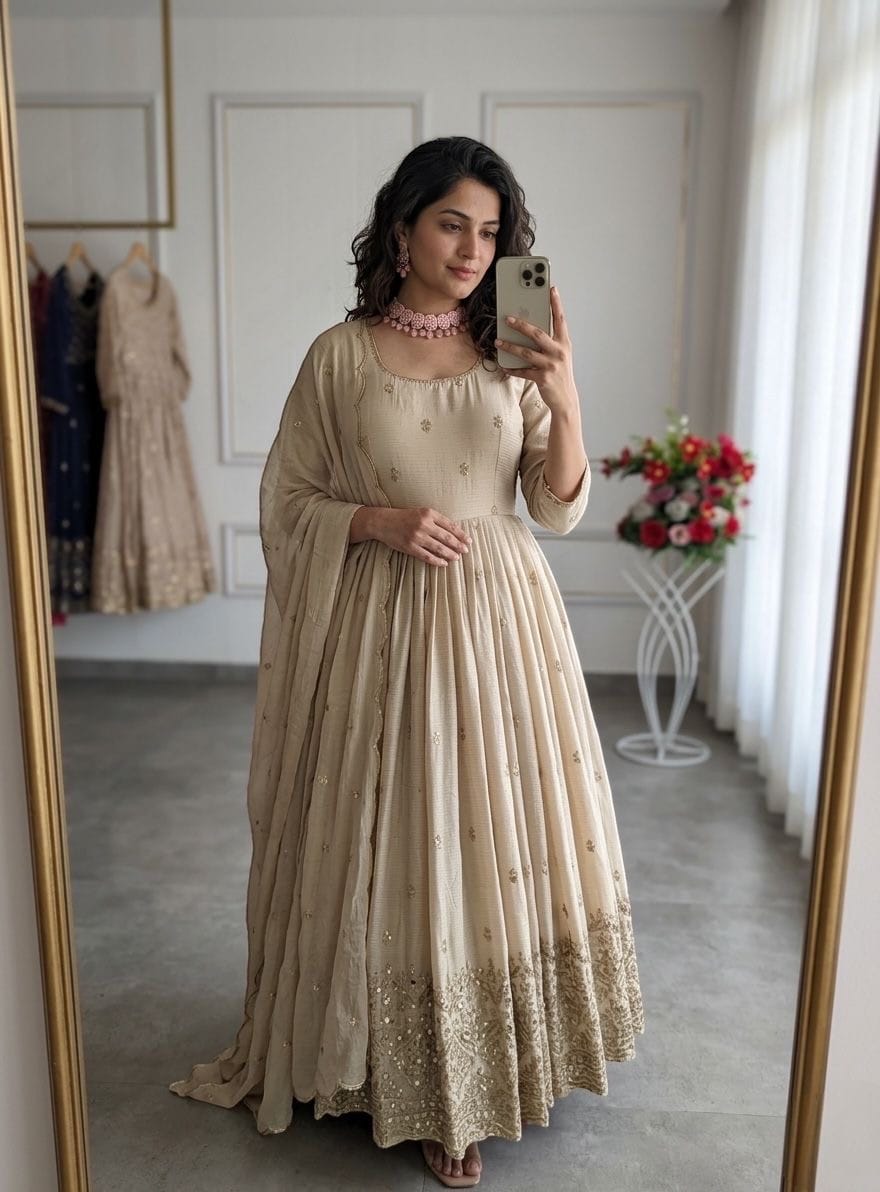 Chinon Silk Sequence Embroidery Work Designer Gown Pant Dupatta Set