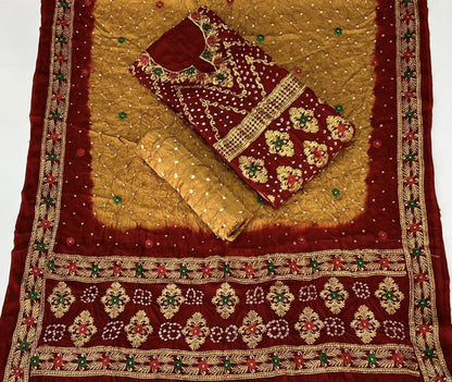 Modal Gazi Silk Kasab work Bandhani Dress Material
