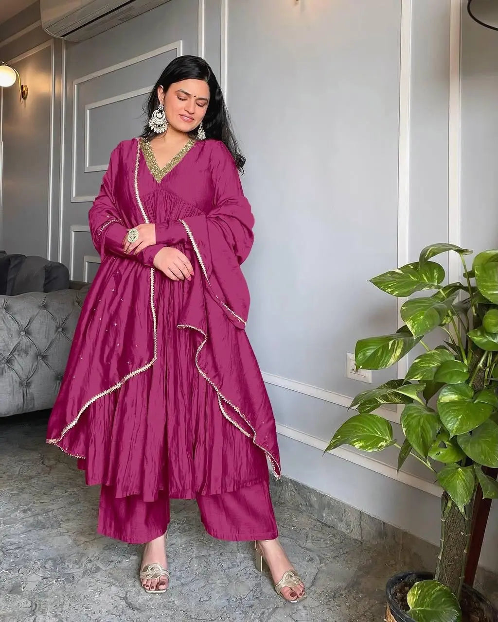 Chinon Silk Alia Cut Ready to Wear Anarkali Gown