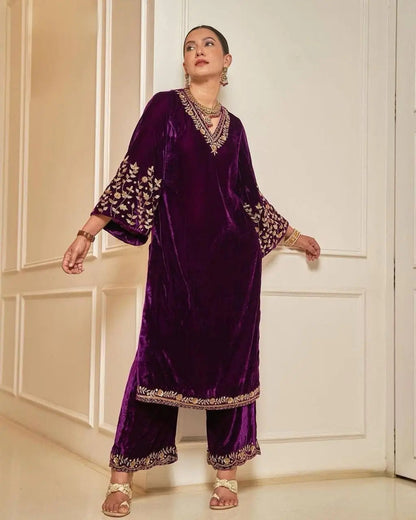 Lace work Velvet Kurti Pant Set ( Stitched)