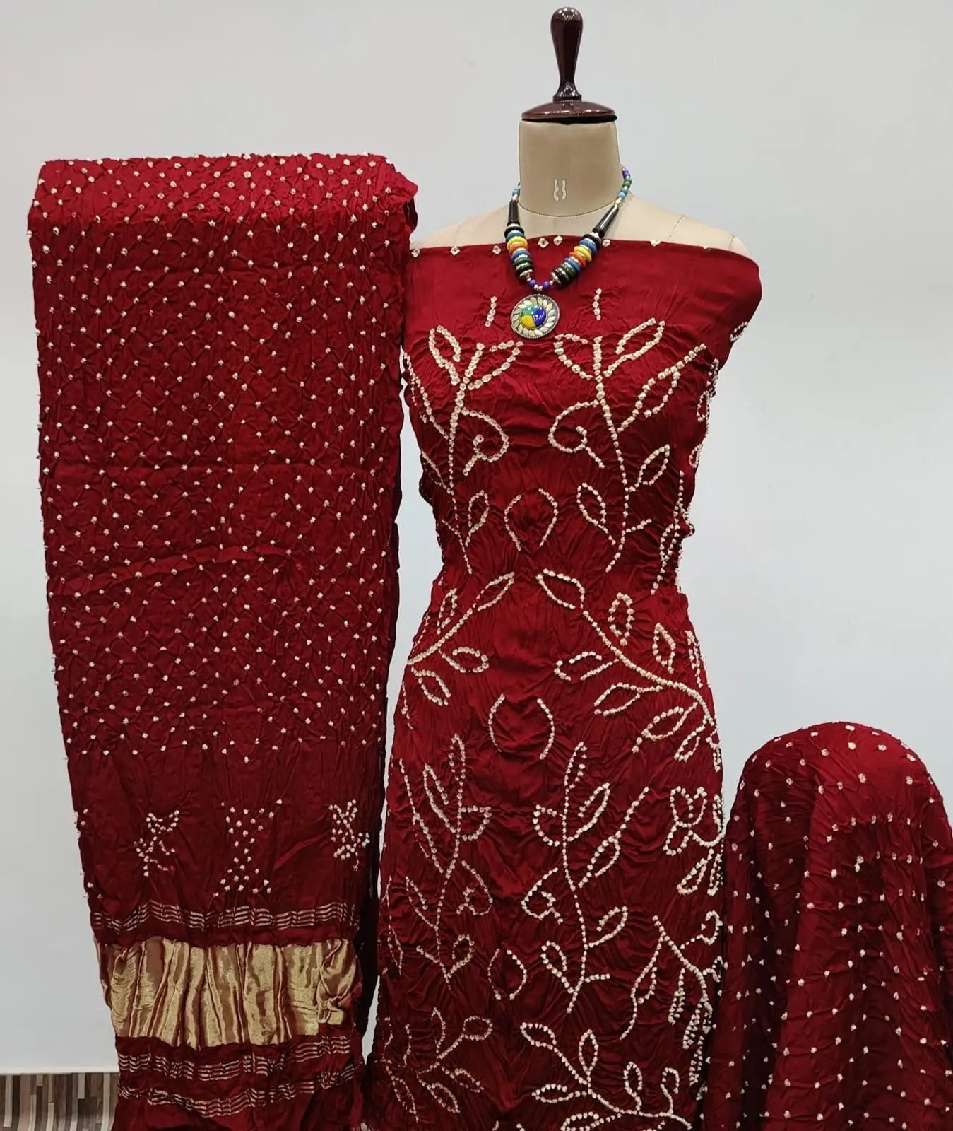 Heavy Modal Ghazi Silk Barik Bandhej work Bandhani Dress Material (Unstitched)