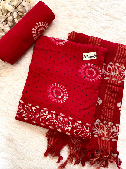 Hand Blocked Wax Batik Dress Material with Fumka work Dupatta (Unstitched)
