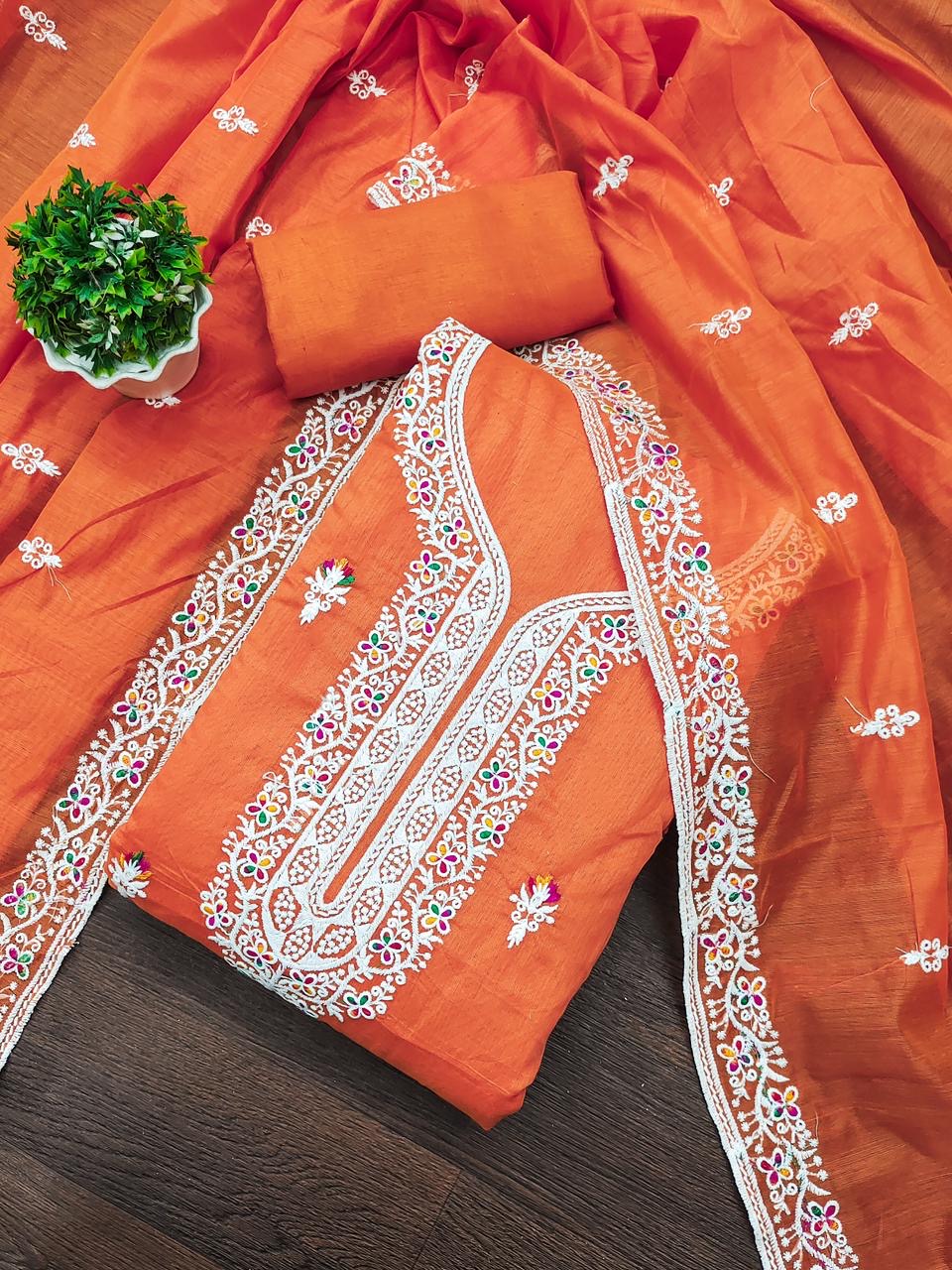 Heavy Chanderi Neck Embroidery work Dress Material (Unstitched)