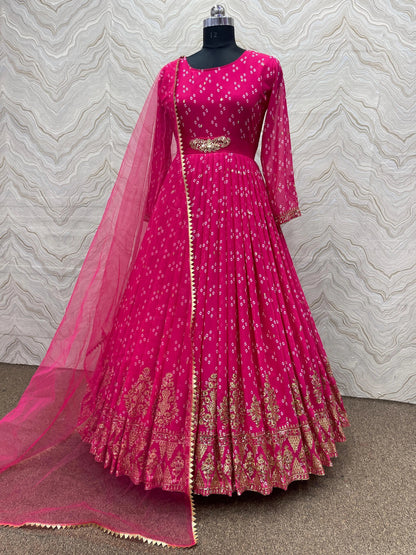 Faux Georgette Print with Embroidery work Womens Stitched Gown