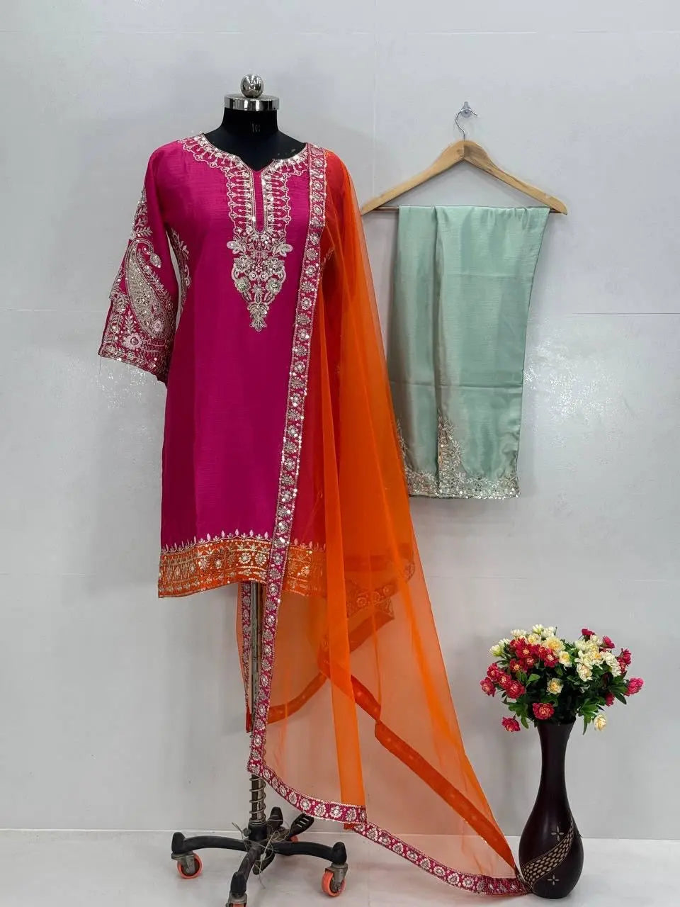 Heavy Chinon Sequence Embroidery work Kurti Palazzo Set (Stitched)