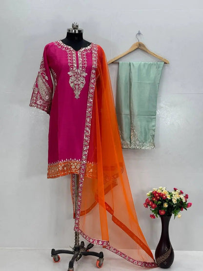 Heavy Chinon Sequence Embroidery work Kurti Palazzo Set (Stitched)