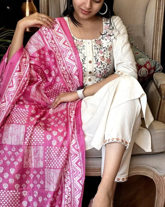 Handloom Cotton Embroidery work Kurti Pant Dupatta Set (Stitched)