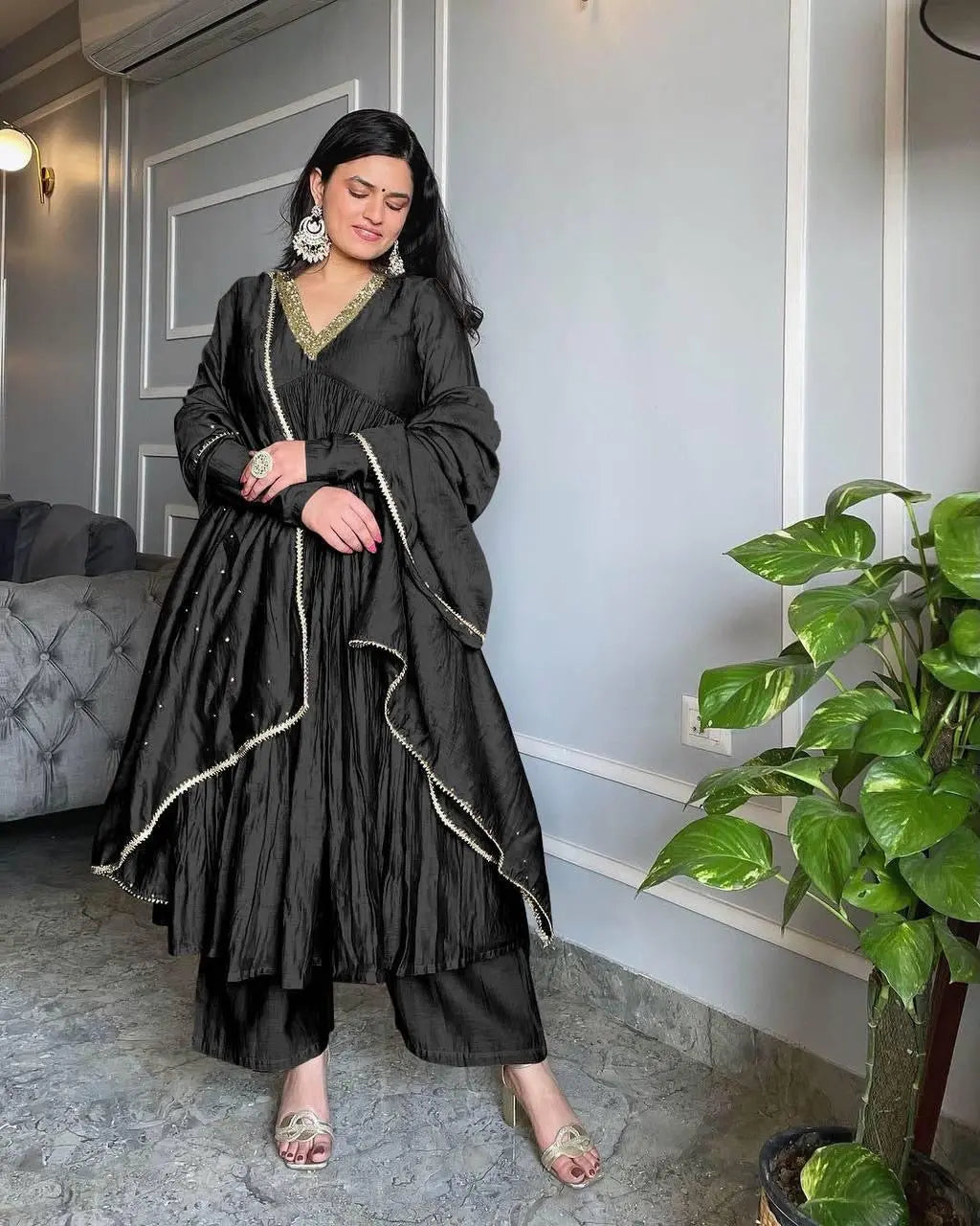 Chinon Silk Alia Cut Ready to Wear Anarkali Gown
