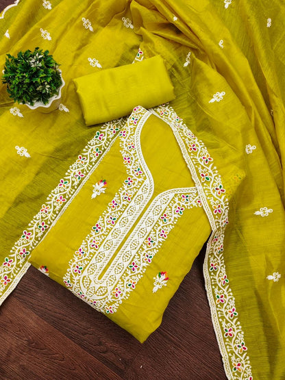 Heavy Chanderi Neck Embroidery work Dress Material (Unstitched)