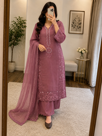 Mal Chanderi Real Mirror Work Designer 3Pc Kurti Pant Dupatta Set (Ready to Wear)