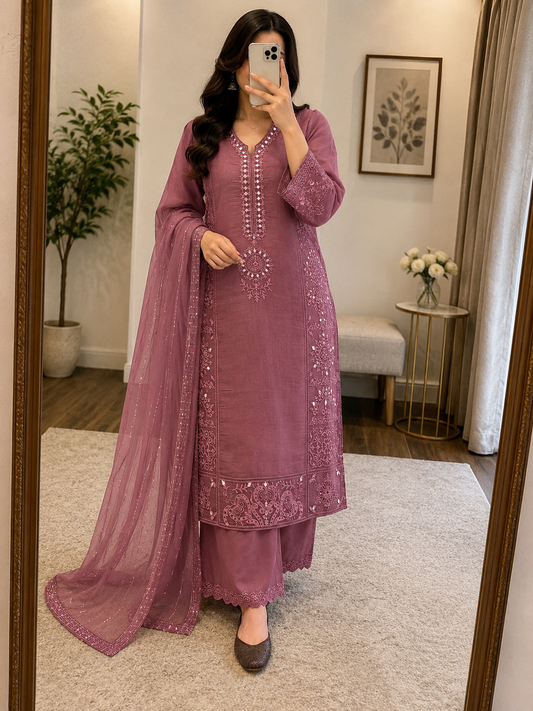 Mal Chanderi Real Mirror Work Designer 3Pc Kurti Pant Dupatta Set (Ready to Wear)