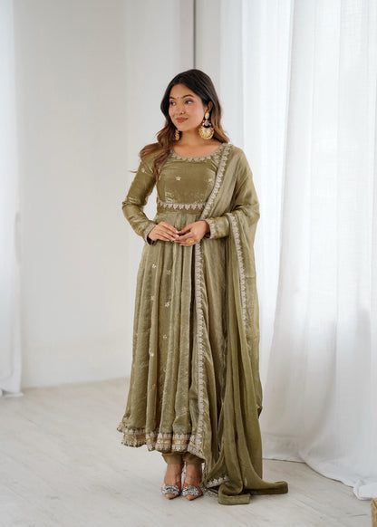 Fendi Silk Sequence Embroidery Work Gown Dupatta Pant Set