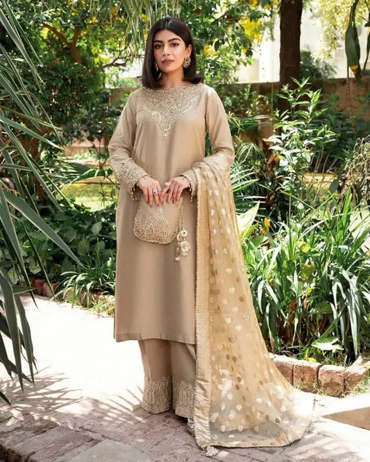 Georgette Zari Embroidery Stone neck work  kurti Pant Dupatta Set