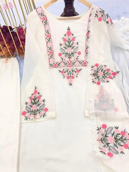 Georgette Embroidery work Kurti Pant Dupatta Set