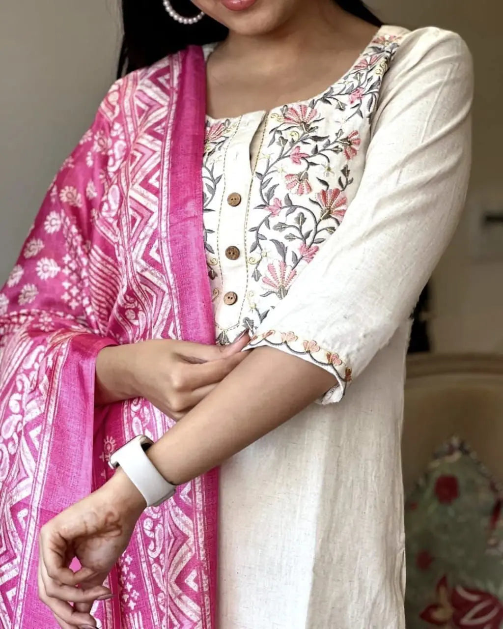 Handloom Cotton Embroidery work Kurti Pant Dupatta Set (Stitched)
