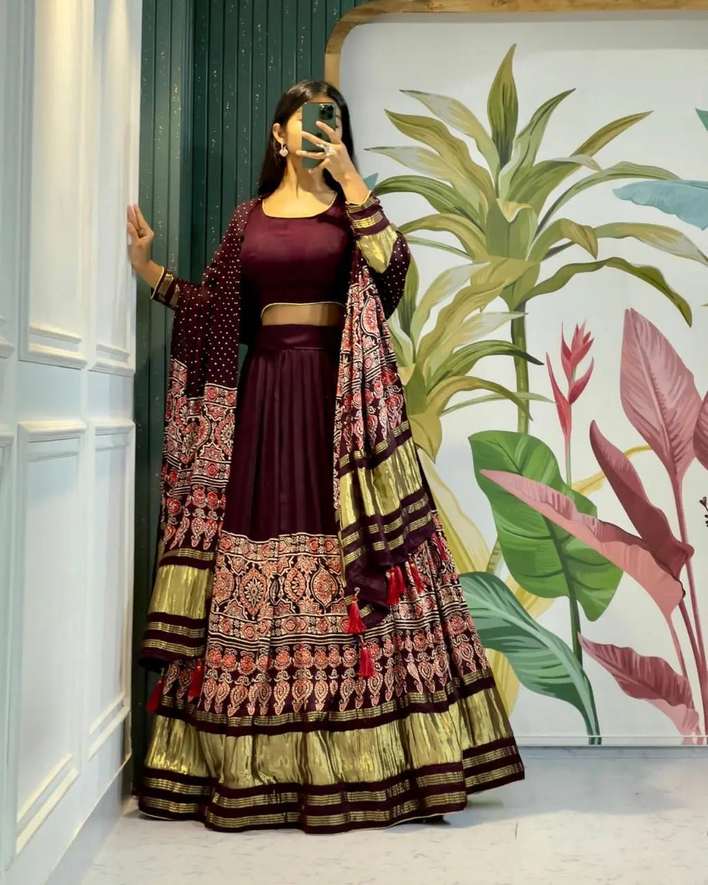 Modal Authentic Hand Blocked Ajrakh work Navratri Special Chaniya Choli