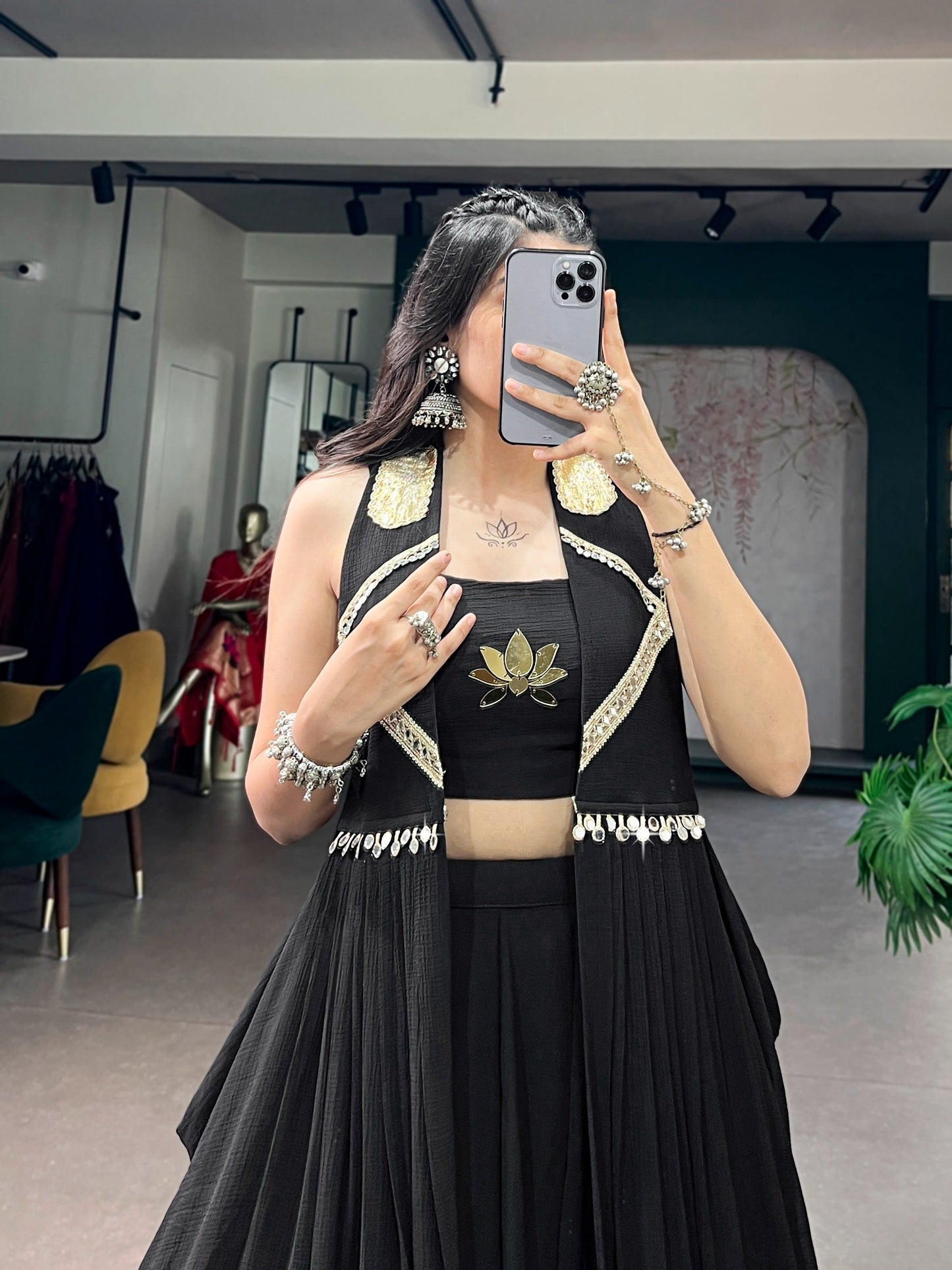 Lotus Handwork Designer Lehenga, Blouse & Long Jacket Set – Ready to Wear