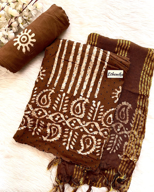 Hand Blocked Wax Batik Dress Material with Fumka work Dupatta (Unstitched)