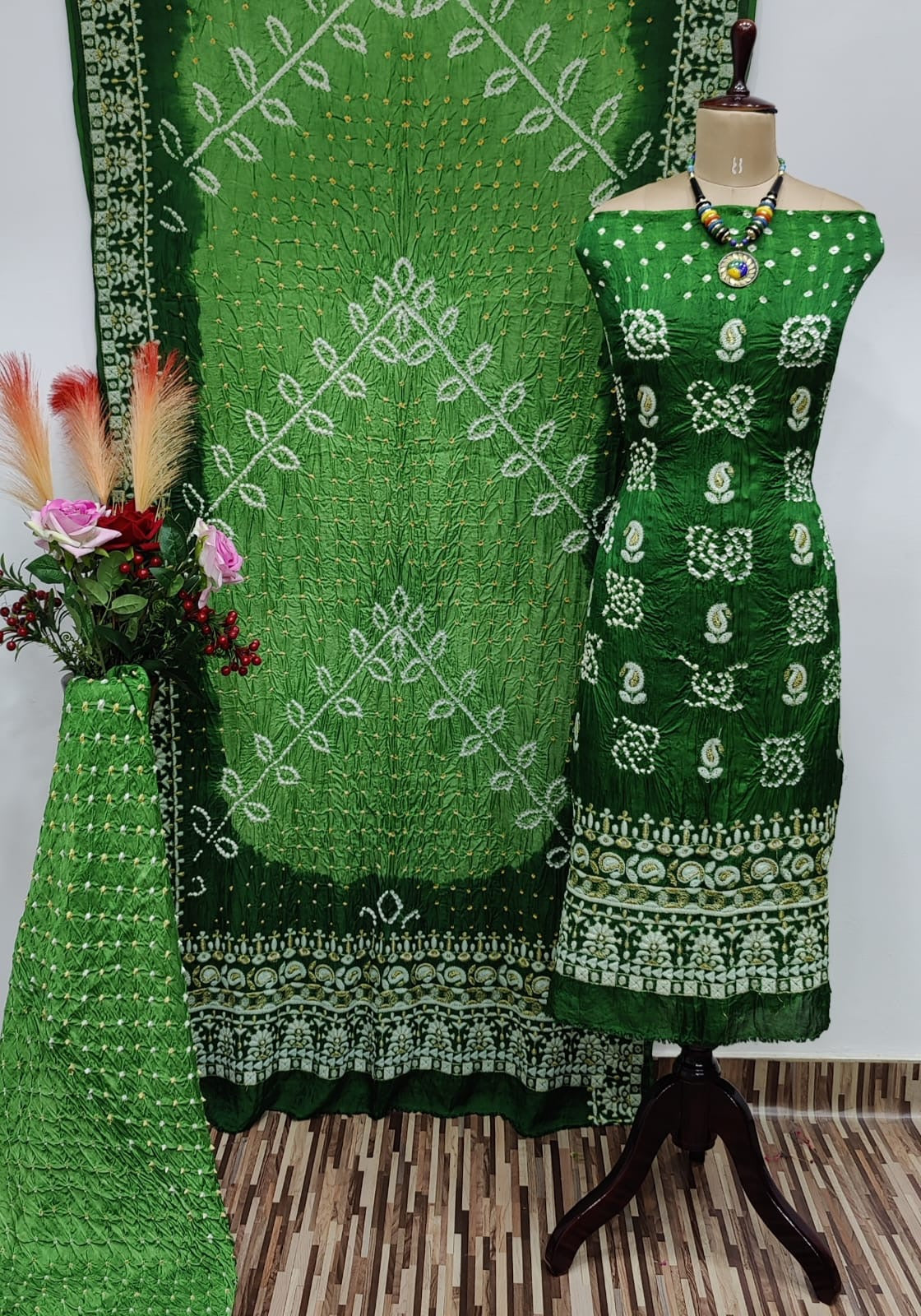 Ghazi Silk Lakhnavi Thread and Bandhani Work Bandhani Dress Material