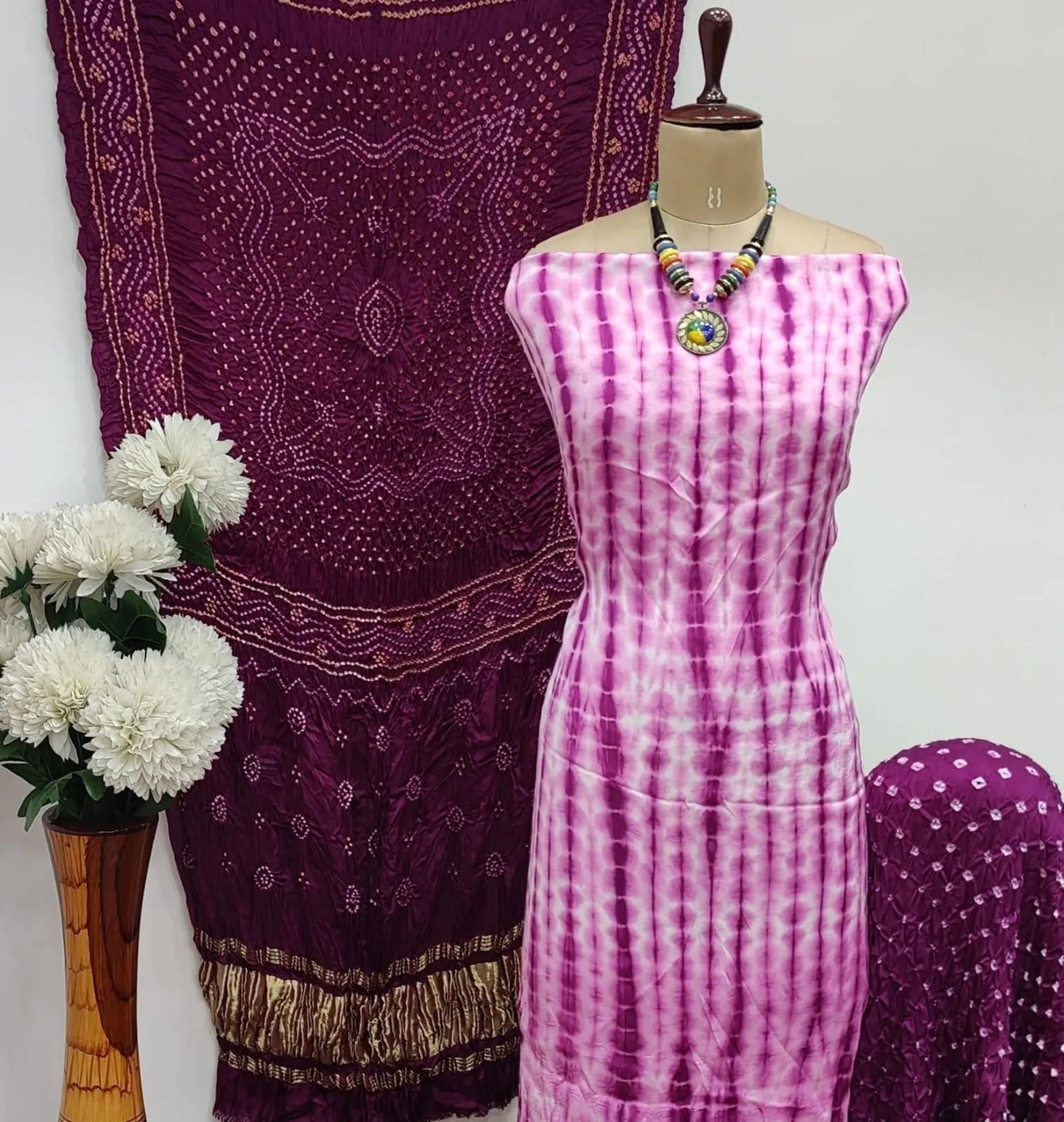 Modal Ghazi Silk White Concept Bandhani Dress Material with Ladgi patta Dupatta