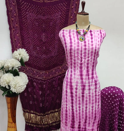 Modal Ghazi Silk White Concept Bandhani Dress Material with Ladgi patta Dupatta