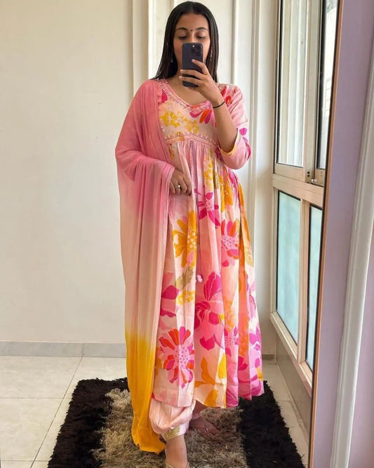 Floral Digital Print Lace embroidery work Afghani Kurti Pant Set