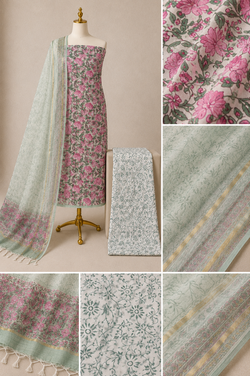 Kota Doria Authentic Hand Block Print Unstitched 3Pc Dress Material