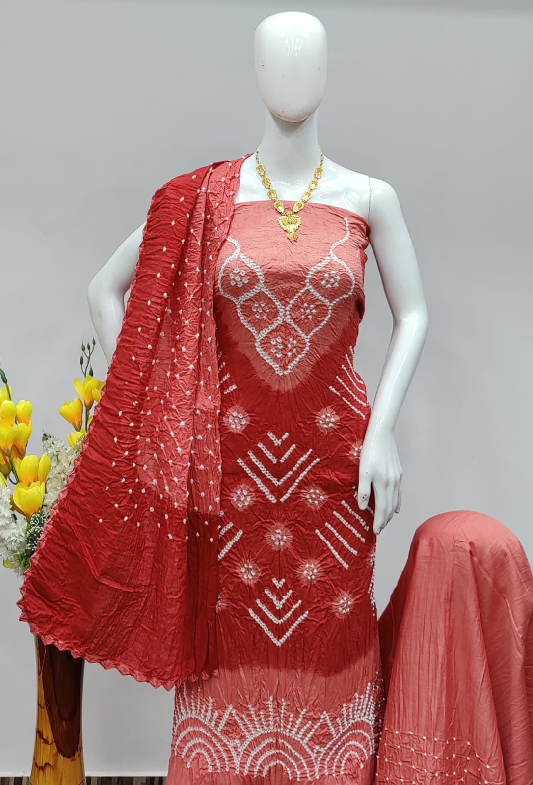 Hand Crafted Cotton Self Color Original Kutch Bandhani Dress Material (Unstitched)
