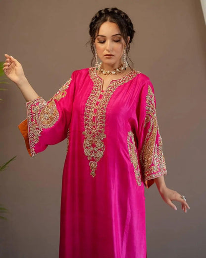Heavy Chinon Sequence Embroidery work Kurti Palazzo Set (Stitched)