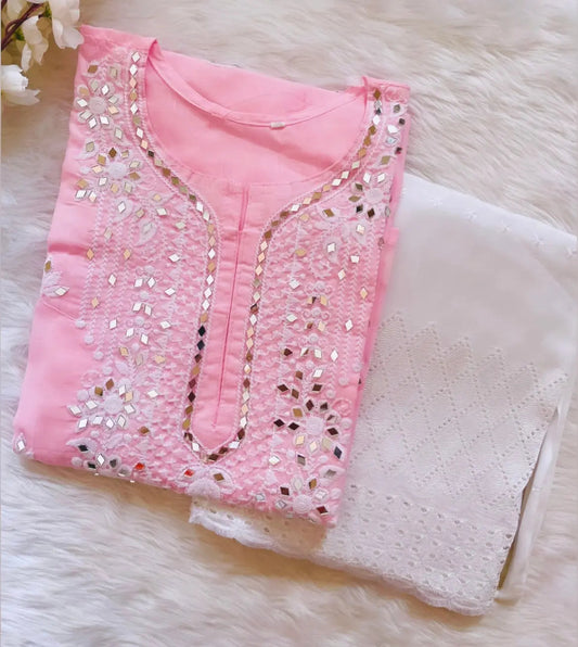 Mirror Chikankari work Kurti with Pallazo Set (Stitched) Pink