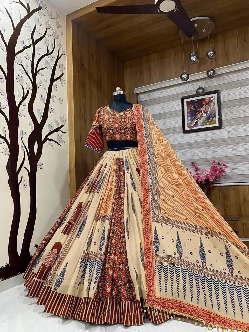 Heavy Muslin Digital Print Mirror Work Navratri Chaniya Choli