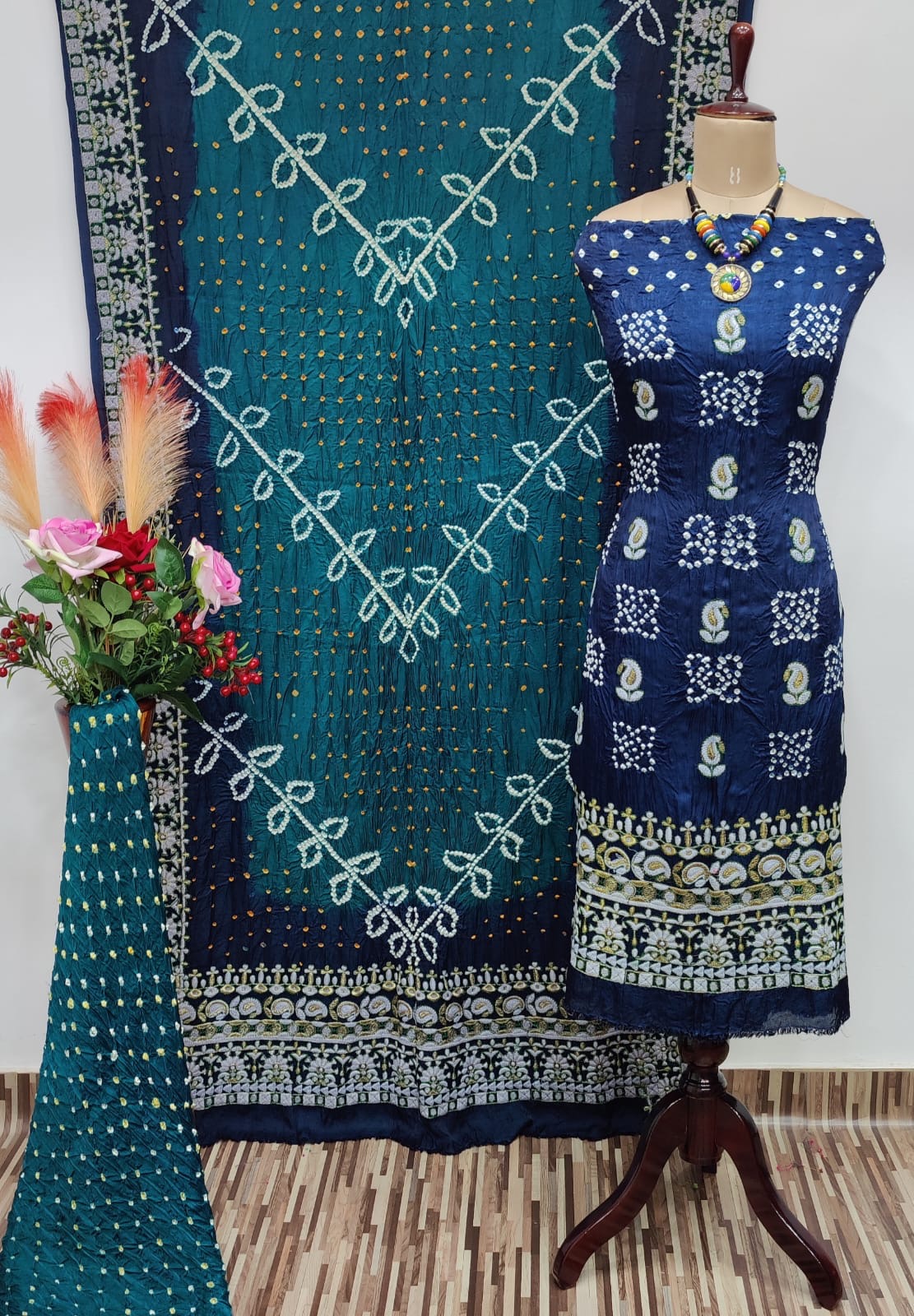 Ghazi Silk Lakhnavi Thread and Bandhani Work Bandhani Dress Material