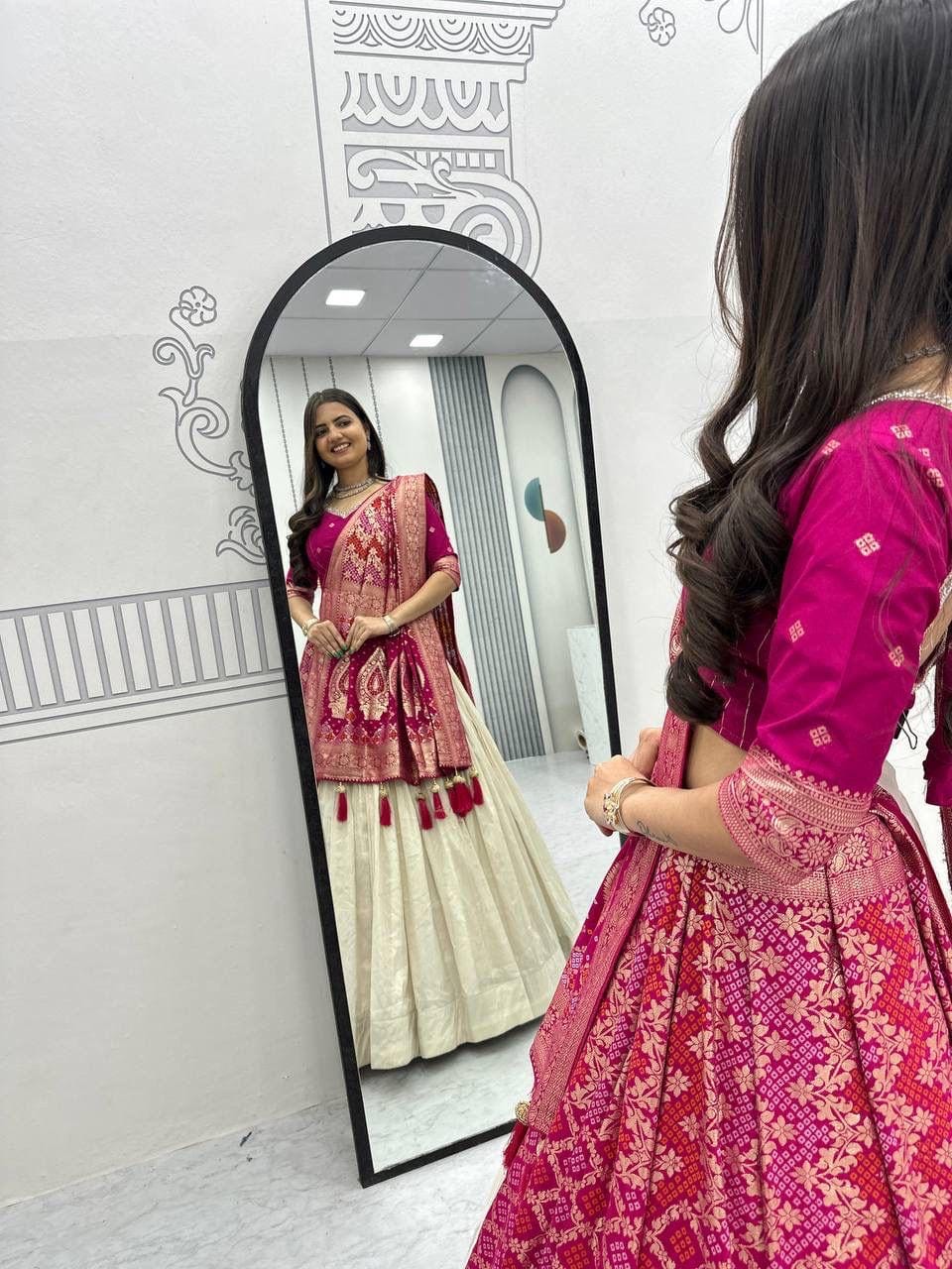 Jeckard Silk Moti Work Lace Lehenga Choli Dupatta Set