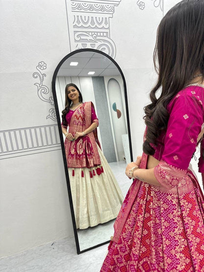 Jeckard Silk Moti Work Lace Lehenga Choli Dupatta Set