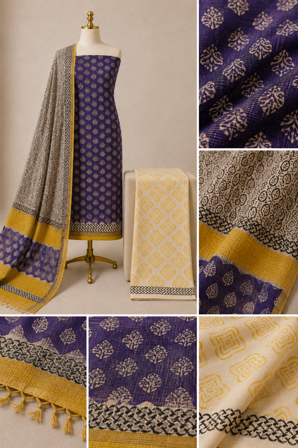 Kota Doria Hand Blocked 3Pc Unstitched Dress Material