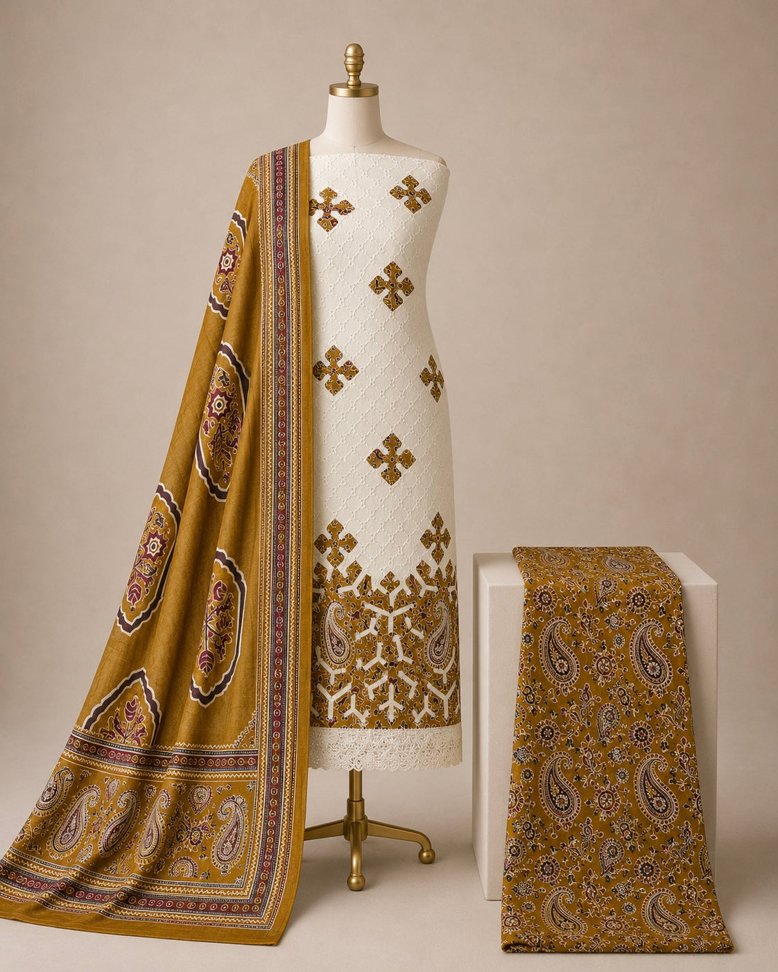 Hakoba Chikanwork with Ajrakh Block Print Summer 3Pc Cotton Dress Material