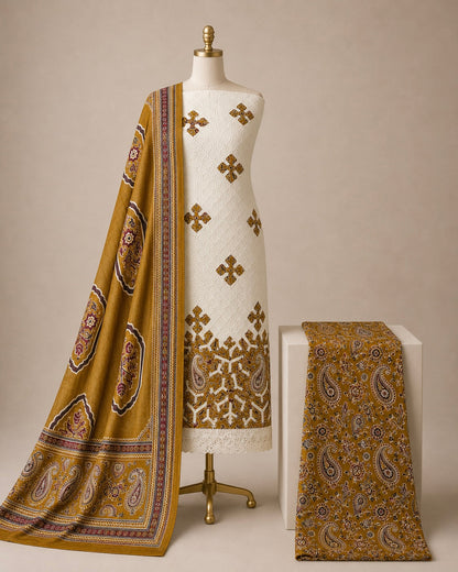 Hakoba Chikanwork with Ajrakh Block Print Summer 3Pc Cotton Dress Material