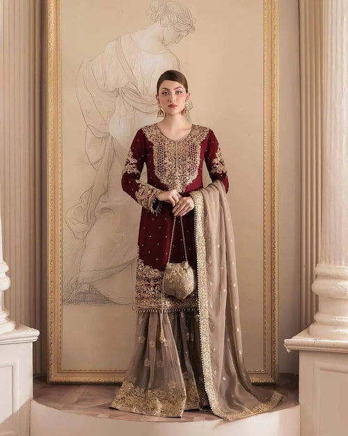 Georgette Sequence work Party Wear Kurti Sharara Dupatta Set