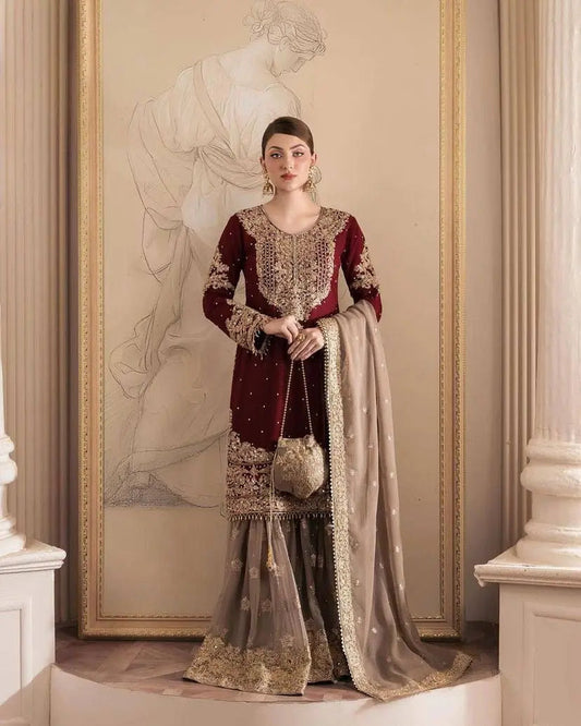 Georgette Sequence work Party Wear Kurti Sharara Dupatta Set
