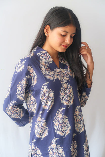 Navy Blossom V-Neck Suit Set