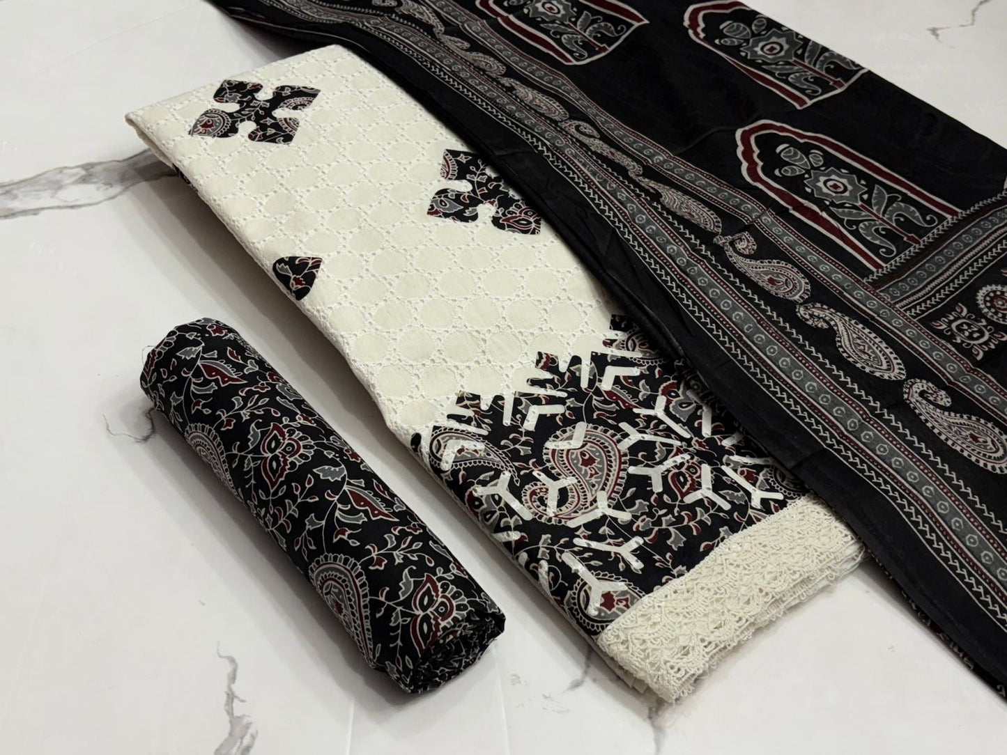 Hakoba Chikanwork with Ajrakh Block Print Summer 3Pc Cotton Dress Material