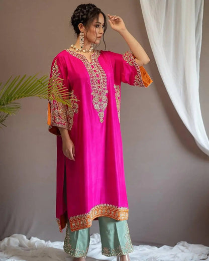 Heavy Chinon Sequence Embroidery work Kurti Palazzo Set (Stitched)