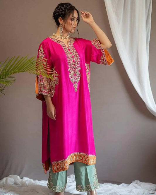 Heavy Chinon Sequence Embroidery work Kurti Palazzo Set (Stitched)