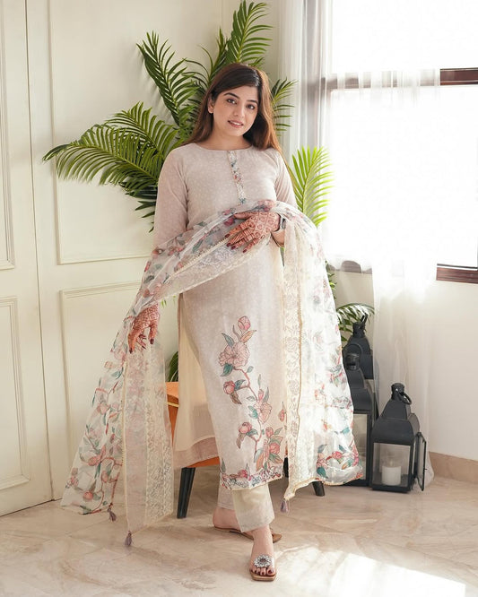 Linen Cotton Digital Floral Print work White Summer Wear Kurti Pant Dupatta Set (Stitched)