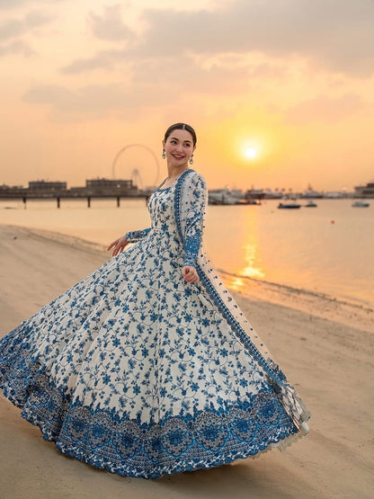 Faux Georgette Embroidery Work Summer Special Gown Pant Dupatta Set