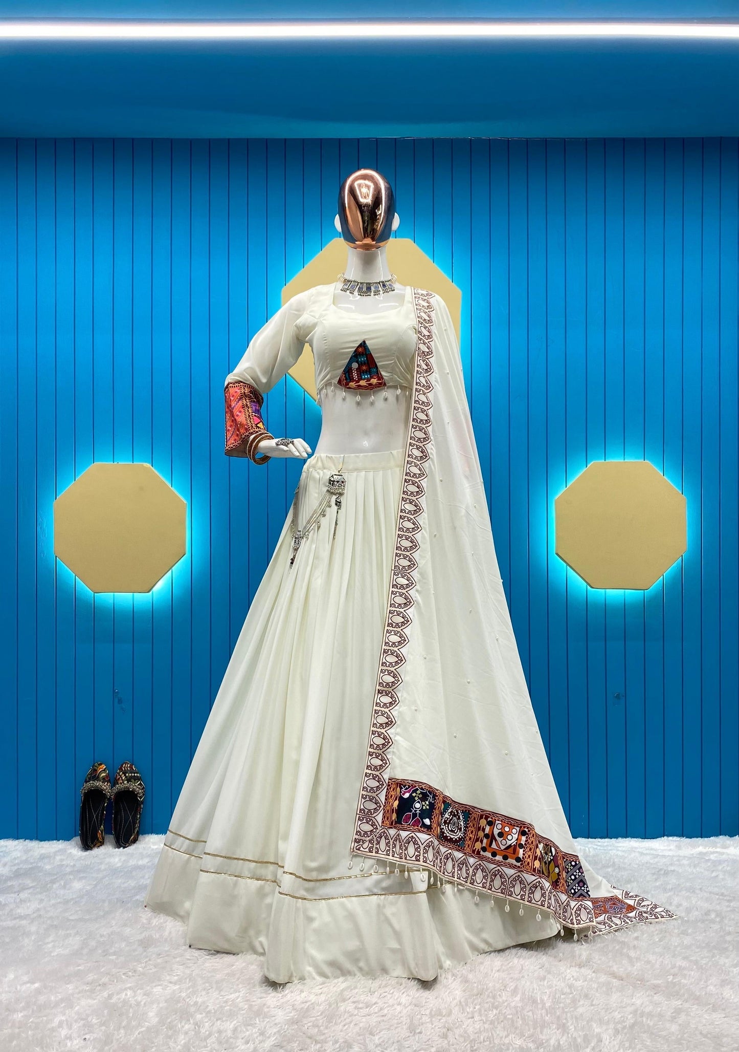 Gamthi Kodi Work White Concept Navratri Special Chaniya Choli
