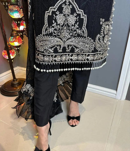 Georgette Zari Embroidery work Long Kurti Palazzo Dupatta Set