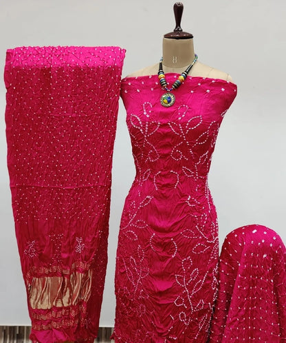 Heavy Modal Ghazi Silk Barik Bandhej work Bandhani Dress Material (Unstitched)