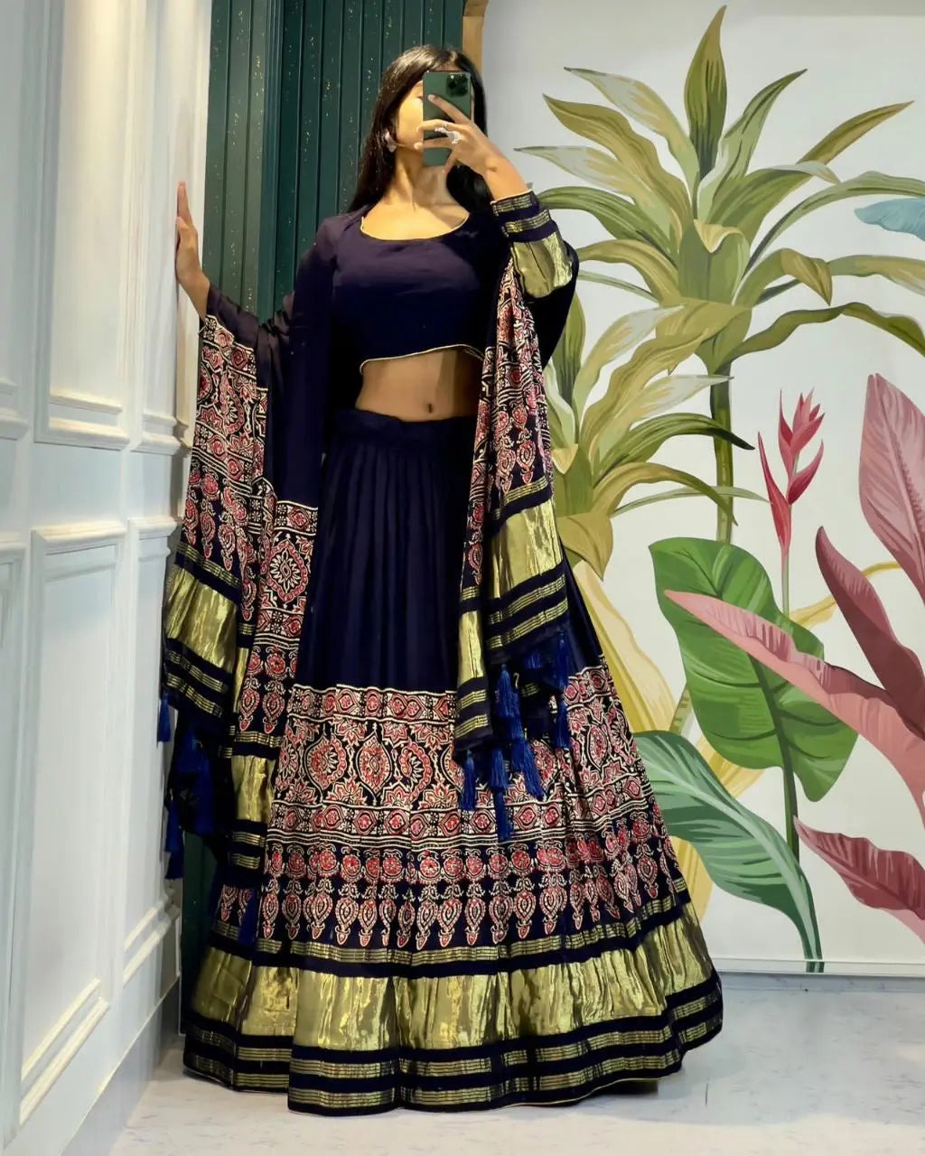 Modal Authentic Hand Blocked Ajrakh work Navratri Special Chaniya Choli