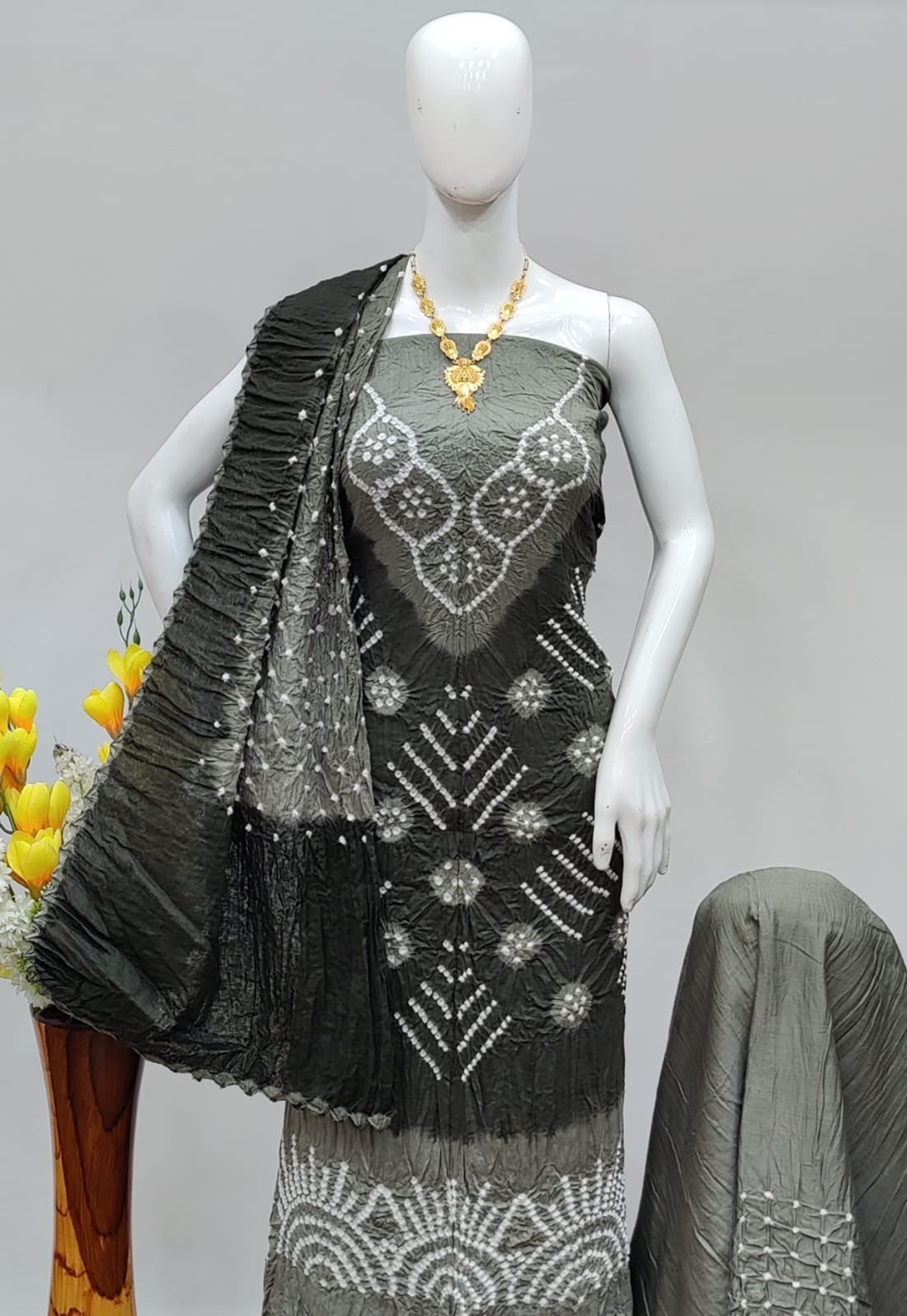 Hand Crafted Cotton Self Color Original Kutch Bandhani Dress Material (Unstitched)